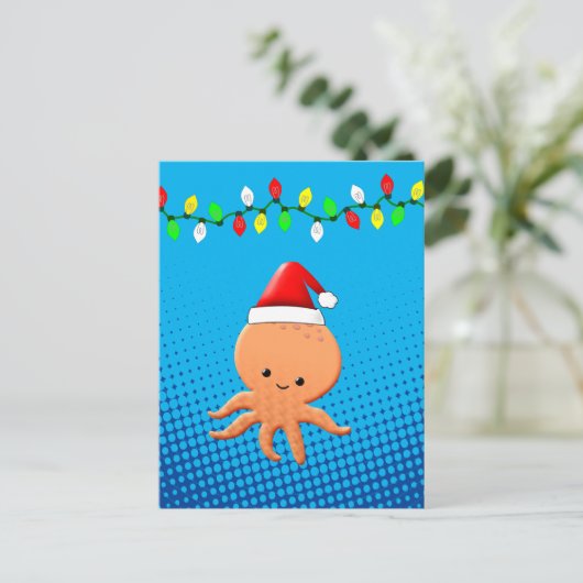 Niedlicher Cartoon Octopus Weihnachtsmannmütze Wei Postkarte (Stehend Vorderseite)