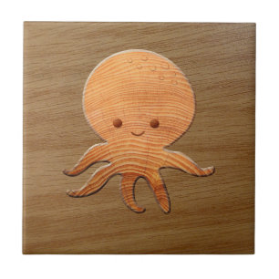 Niedlicher Cartoon Oktopus mit Imitaten Holzdruck Fliese