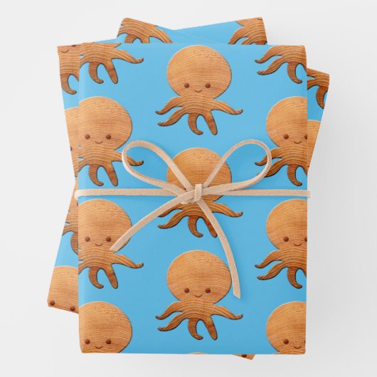 Niedlicher Cartoon Oktopus mit Imitaten Holzdruck Geschenkpapier Set (Beispiel)