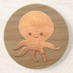 Niedlicher Cartoon Oktopus mit Imitaten Holzdruck Getränkeuntersetzer