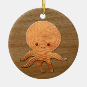 Niedlicher Cartoon Oktopus mit Imitaten Holzdruck Keramik Ornament