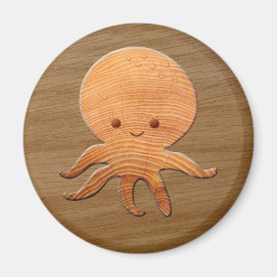 Niedlicher Cartoon Oktopus mit Imitaten Holzdruck Magnet