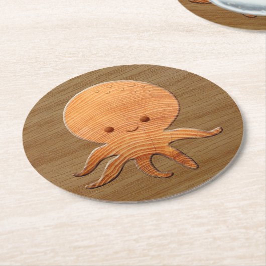 Niedlicher Cartoon Oktopus mit Imitaten Holzdruck Runder Pappuntersetzer (Angewinkelt)