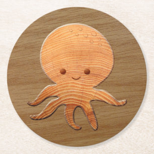 Niedlicher Cartoon Oktopus mit Imitaten Holzdruck Runder Pappuntersetzer