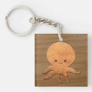 Niedlicher Cartoon Oktopus mit Imitaten Holzdruck Schlüsselanhänger