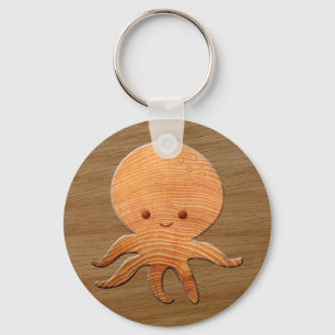 Niedlicher Cartoon Oktopus mit Imitaten Holzdruck Schlüsselanhänger