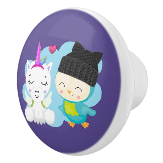 Niedlicher Cartoon Pals - Happy Unicorn & Bird Keramikknauf (Rechts)