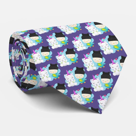 Niedlicher Cartoon Pals - Happy Unicorn & Bird Krawatte (Gerollt)