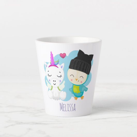 Niedlicher Cartoon Pals - Happy Unicorn & Bird Milchtasse (Vorderseite)