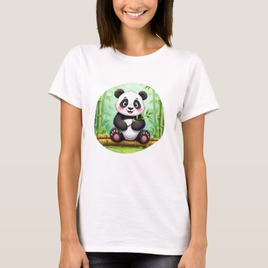 Niedlicher Cartoon-Panda auf Bambusfleck T-Shirt (Vorderseite)