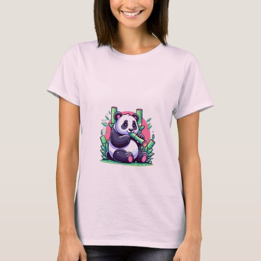 Niedlicher Cartoon Panda Eating Bamboo T-Shirt (Vorderseite)