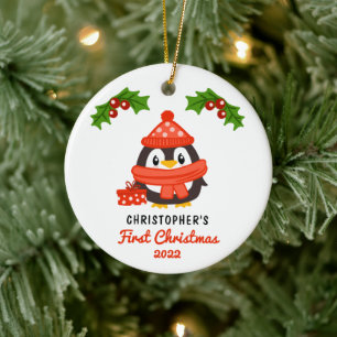 Niedlicher Cartoon Penguin Baby's First Christmas  Keramik Ornament