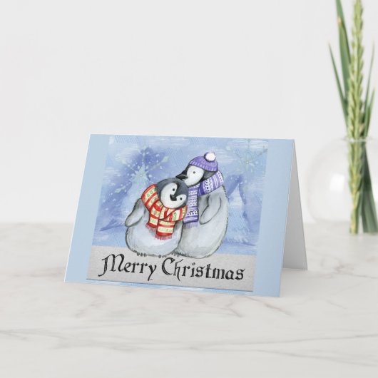 Niedlicher Cartoon Penguin Couple Frohe Weihnachts Karte (Vorderseite)
