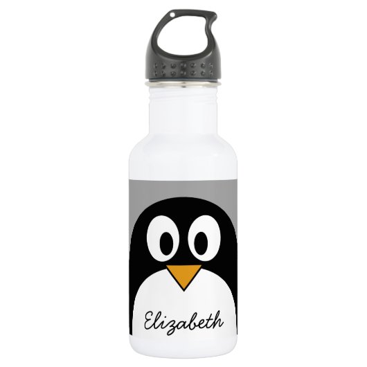 Niedlicher Cartoon Penguin mit grauem Hintergrund Edelstahlflasche (Vorderseite)