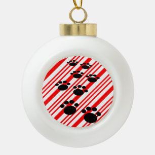Niedlicher Cartoon Pet Paw Trail Candy Cane Keramik Kugel-Ornament