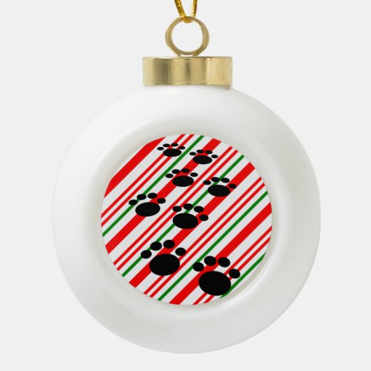 Niedlicher Cartoon Pet Paw Trail Candy Cane Keramik Kugel-Ornament (Vorderseite)