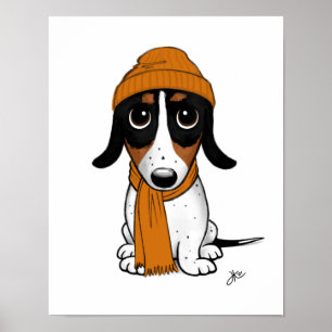 Niedlicher Cartoon Piebald Dackel mit Beanie Poster