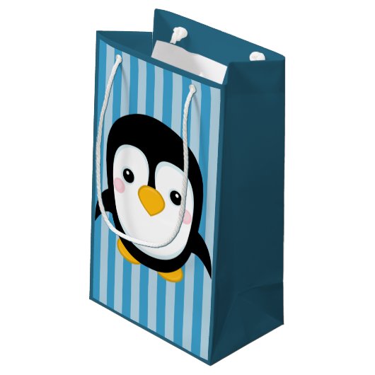 Niedlicher Cartoon Pinguin Design Blaue Streifen M Kleine Geschenktüte (Rückseite Schrägansicht)