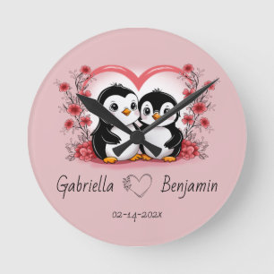Niedlicher Cartoon Pinguin Liebhaber Herzlich Will Runde Wanduhr