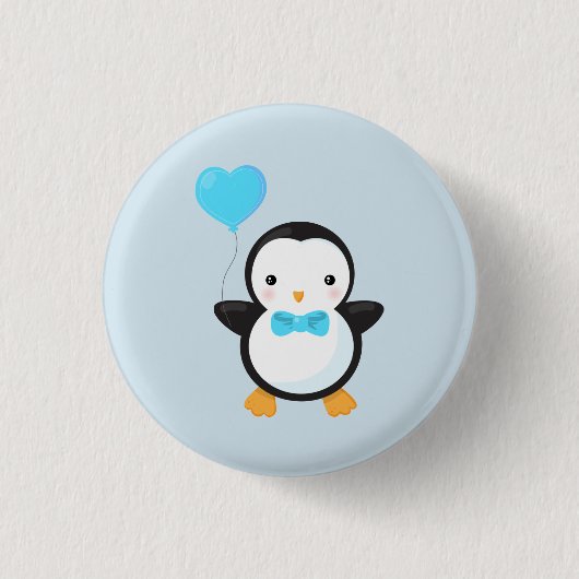 Niedlicher Cartoon Pinguin mit blauem Herzballon Button (Vorderseite)