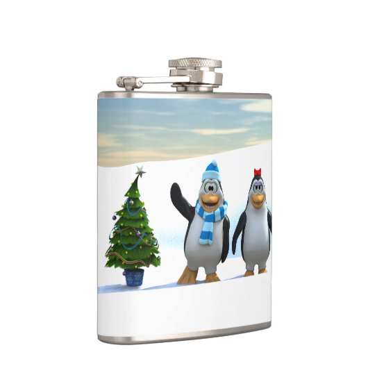 Niedlicher Cartoon Pinguin Pair mit Baum Flachmann (Rechts)