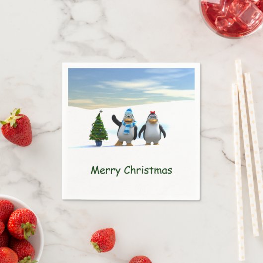 Niedlicher Cartoon Pinguin Pair mit Baum Serviette (Beispiel)