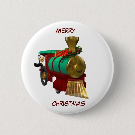 Niedlicher Cartoon Pinguin und Weihnachtszug Button (Vorderseite)