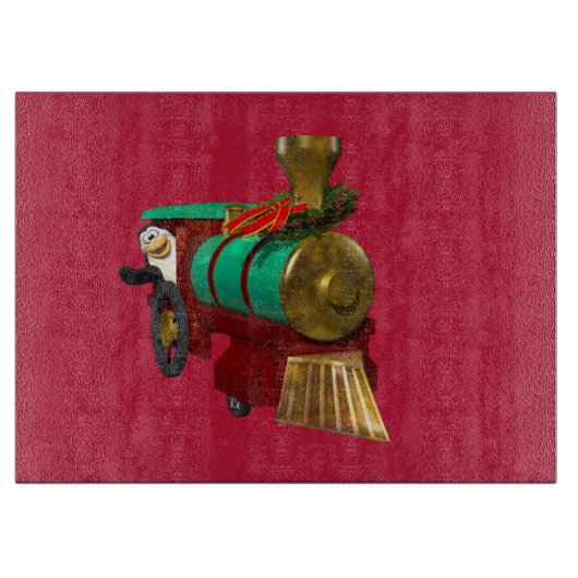 Niedlicher Cartoon Pinguin und Weihnachtszug Schneidebrett (Vorderseite)