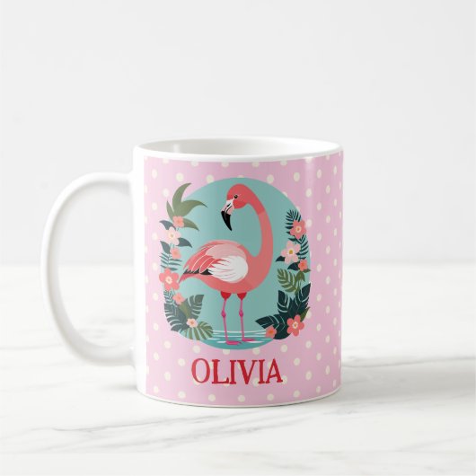 Niedlicher Cartoon Pink Flamingo und Polka Dots Kaffeetasse (Links)