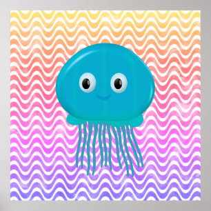 Niedlicher Cartoon Quallen im farbenfrohen Ozean Poster