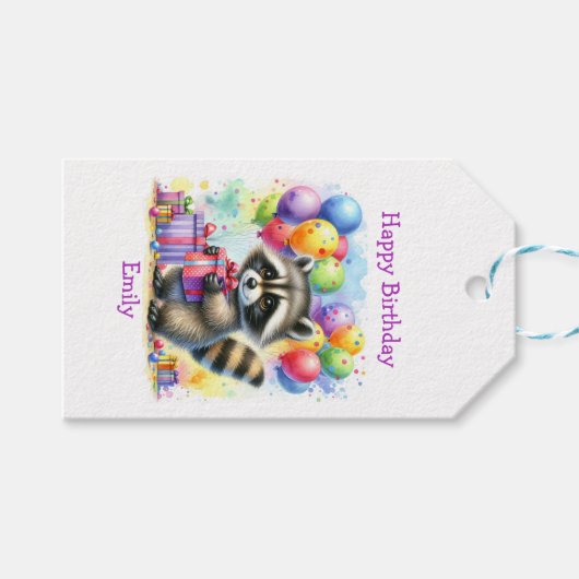 Niedlicher Cartoon Raccoon Geburtstag Personalisie Geschenkanhänger (Vorderseite (Horizontal))