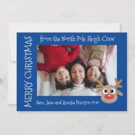 Niedlicher Cartoon Reindeer Blue Christmas Foto Feiertagskarte