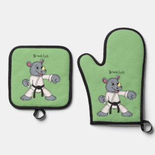 Niedlicher Cartoon Rhino kung fu Cartoon Ofenhandschuh & Topflappen-Set