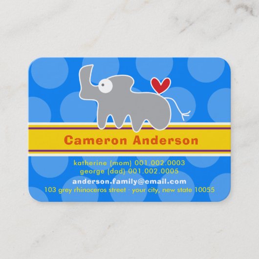 Niedlicher Cartoon Rhinoceros Farbiges KidProfile Telefonnummerkarte (Vorderseite)