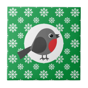 Niedlicher Cartoon Robin mit Schneeflocken Fliese