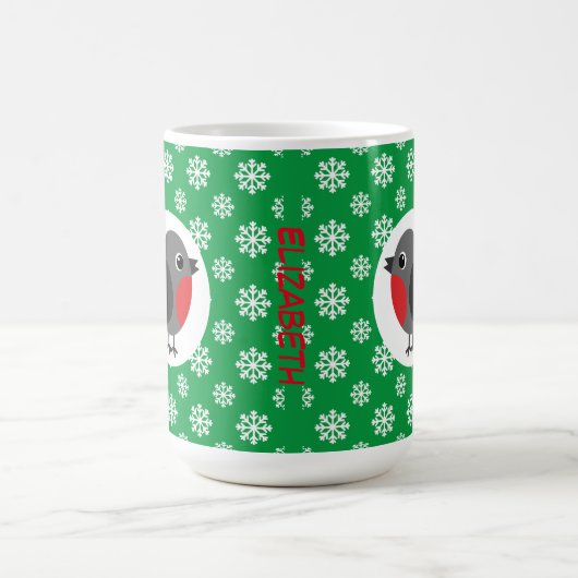 Niedlicher Cartoon Robin mit Schneeflocken | Name Kaffeetasse (Mittel)