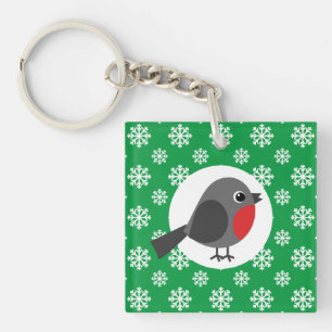 Niedlicher Cartoon Robin mit Schneeflocken Schlüsselanhänger