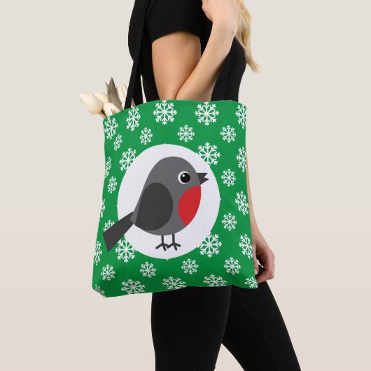 Niedlicher Cartoon Robin mit Schneeflocken Tasche (Von Nahem)