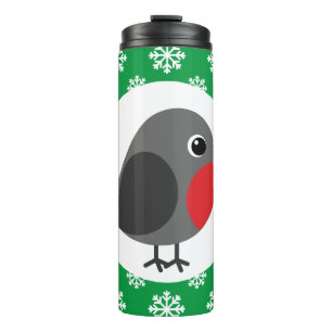 Niedlicher Cartoon Robin mit Schneeflocken Thermosbecher