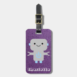 Niedlicher Cartoon Robot Lila mit Name Gepäckanhänger
