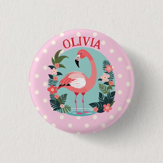 Niedlicher Cartoon Rosa Flamingo mit Polka Docks Button (Vorderseite)