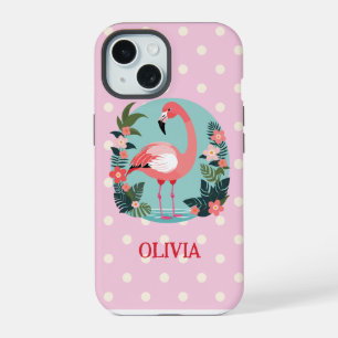 Niedlicher Cartoon-Rosa-Flamingo mit Punkten iPhone 15 Hülle