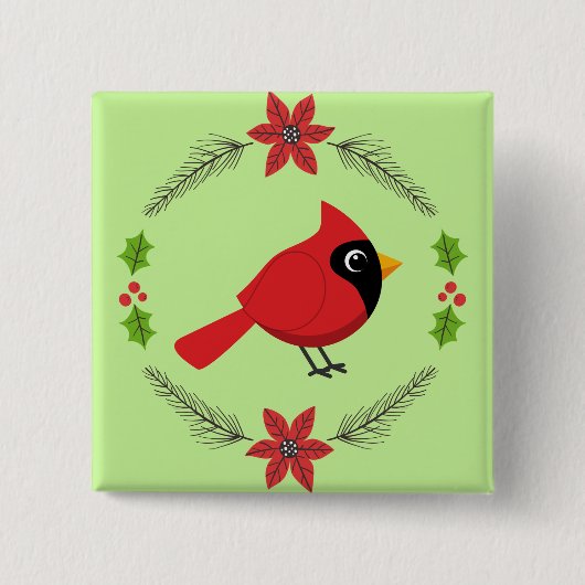 Niedlicher Cartoon Roter Kardinal mit Blume Button (Vorderseite)