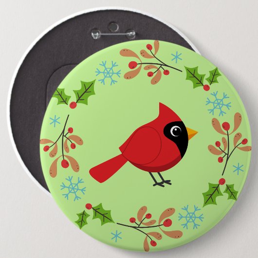Niedlicher Cartoon Roter Kardinal mit Blume Button (Vorne & Hinten)