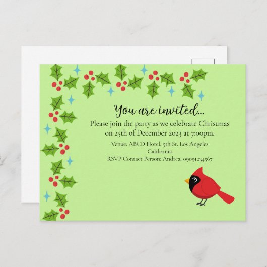 Niedlicher Cartoon Roter Kardinal mit Blume Einladungspostkarte (Vorne/Hinten)