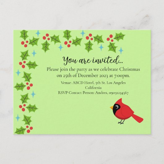 Niedlicher Cartoon Roter Kardinal mit Blume Einladungspostkarte (Vorderseite)