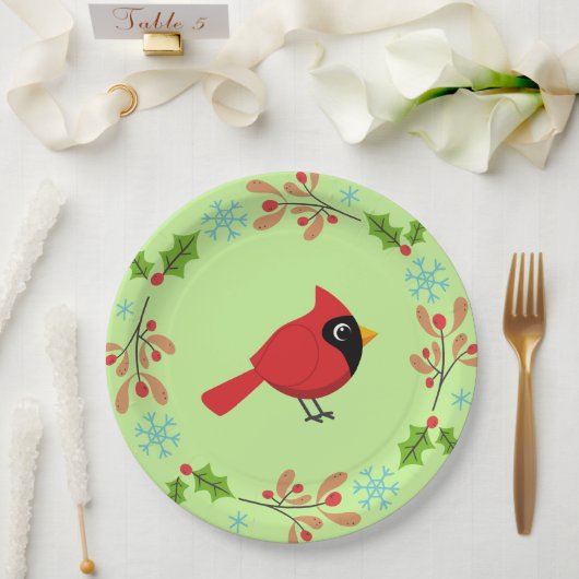 Niedlicher Cartoon Roter Kardinal mit Blume Pappteller (Hochzeit)
