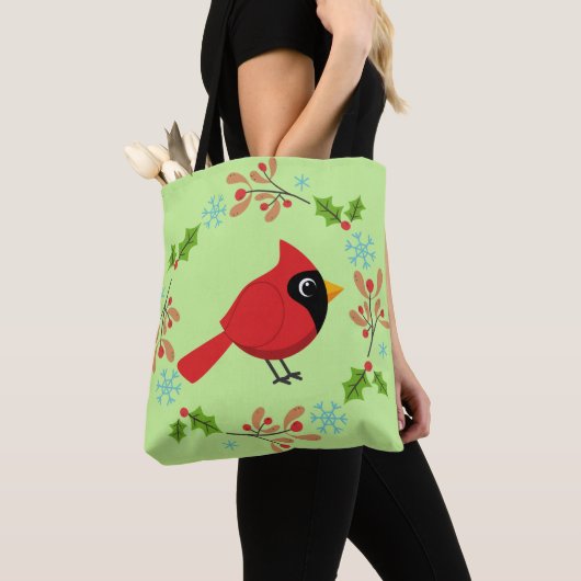 Niedlicher Cartoon Roter Kardinal mit Blume Tasche (Von Nahem)