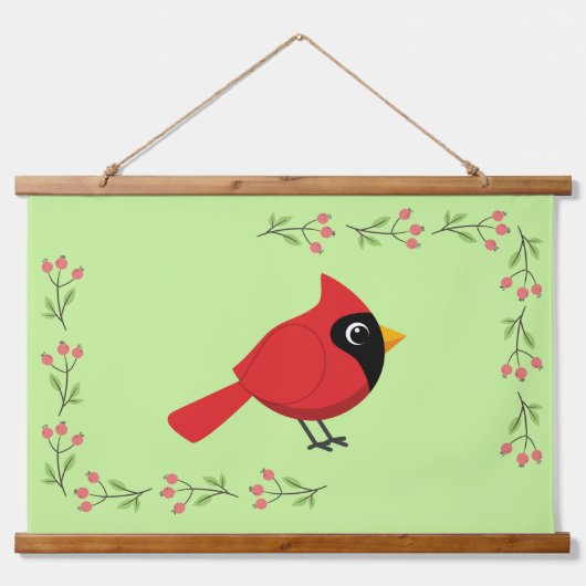Niedlicher Cartoon Roter Kardinal mit Blume Wandteppich Mit Holzrahmen (Vorne)