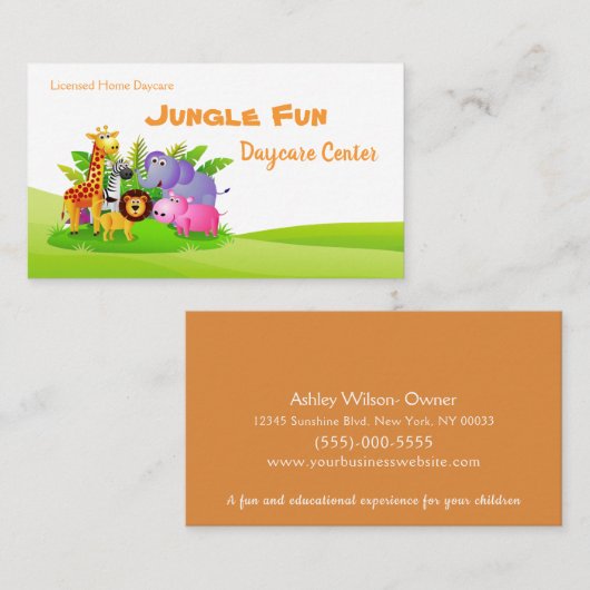 Niedlicher Cartoon Safari Tiere Kindertagesstätte Visitenkarte (Vorne/Hinten)